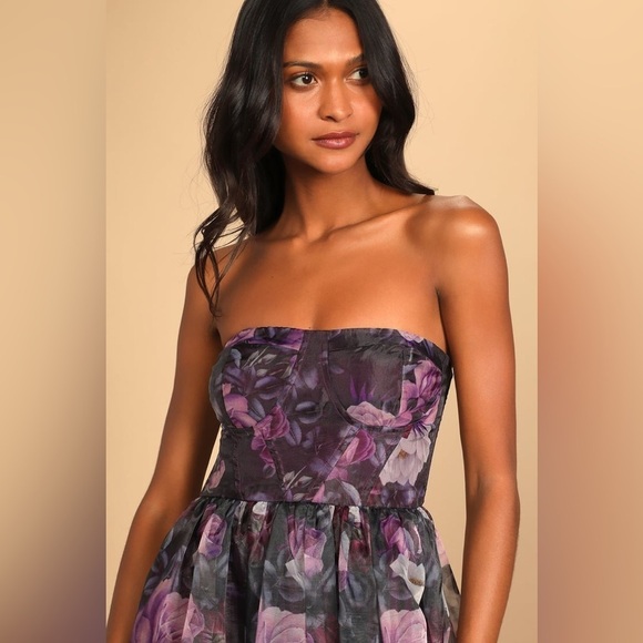 LULU’S Wonderful Waltz Purple Floral Print Strapless Bustier Maxi Dress - Picture 3 of 8